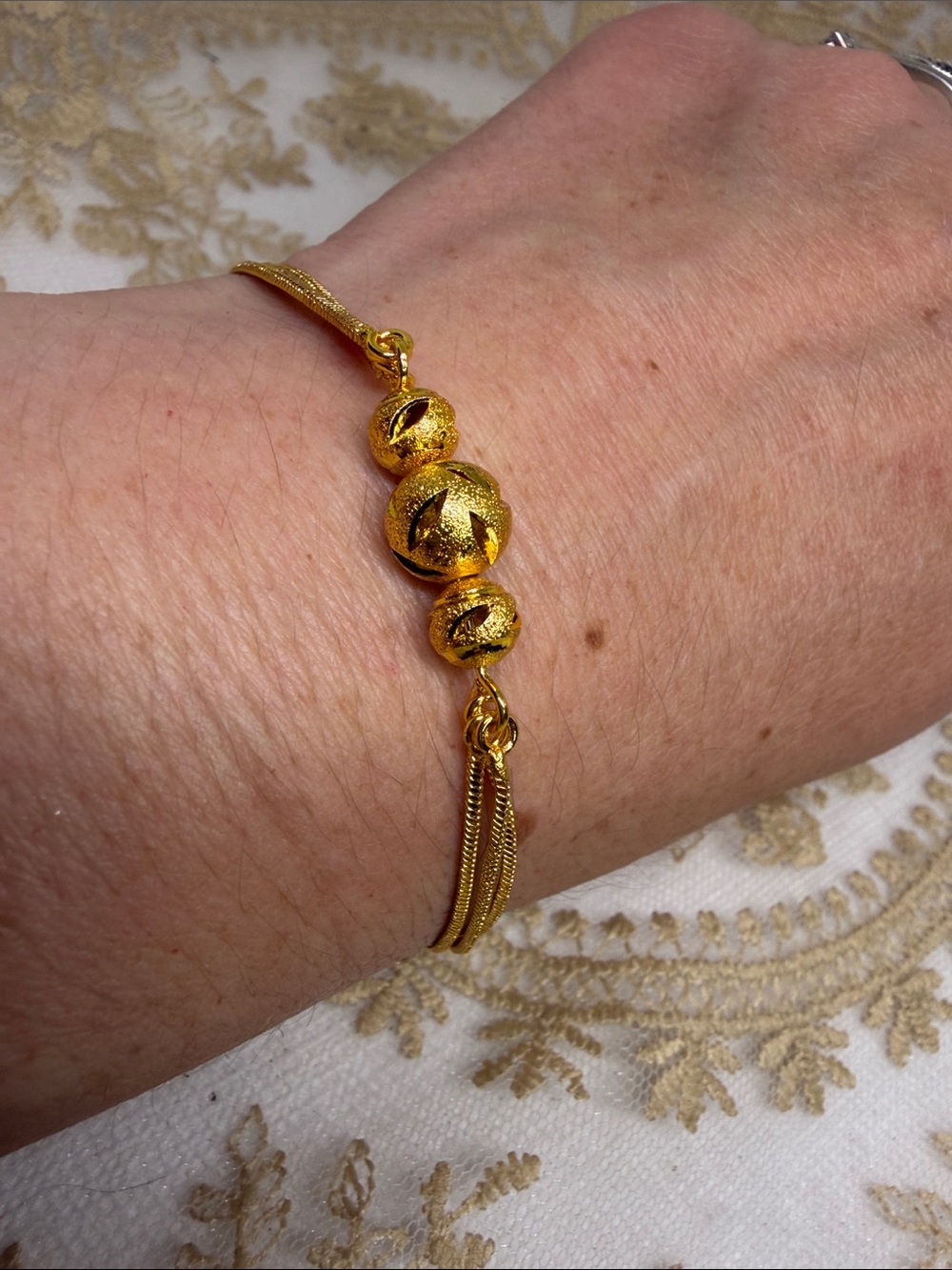 18K Gold Estate Triple Snake Chain Bracelet Filigree Beads Mob Wife Adjustable